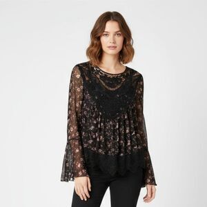 Self Esteem Black Floral Print Sheer Long Sleeve Crochet Lace Blouse Top XL